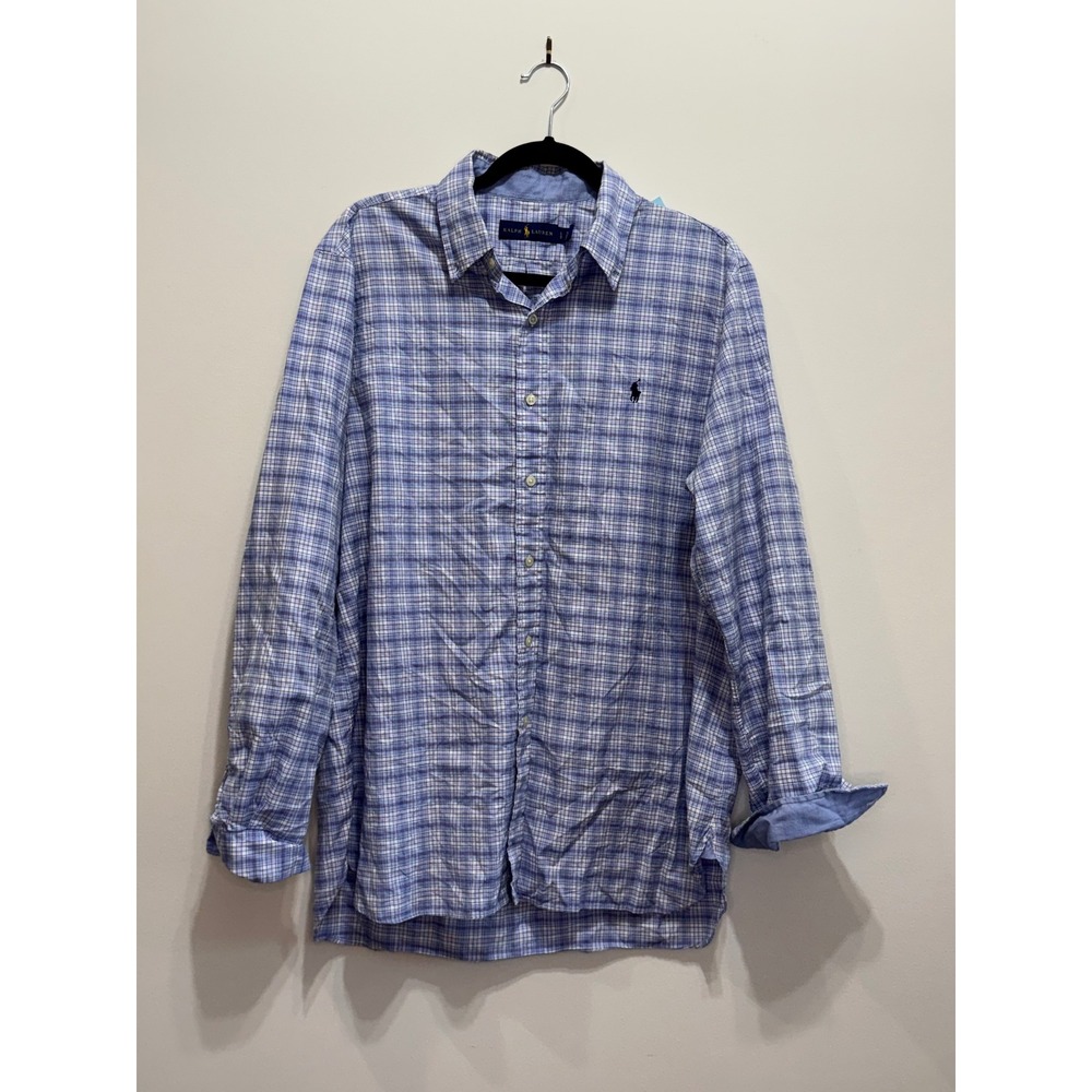 Ralph Lauren Mens Blue White Plaid Long Sleeve Button Down Shirt Large